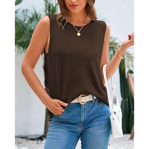 Btfbm Women Brown Sleeveless Crew Neck Ribbed Knit Lightweight Pullover Sweater - Picture 8 of 9